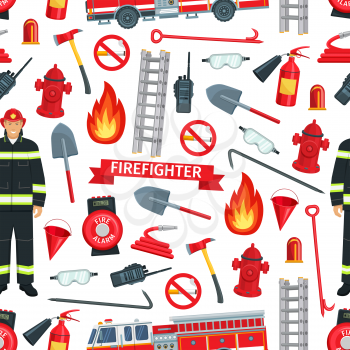 Firefighting pattern background. Vector seamless design of firefighter man and fire fighting equipment, extinguisher engine with safety ladder, spade or ax and water hydrant and no smoking sign