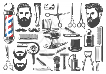 Barbershop tools and equipment, beard or mustache shave and haircut. Vector set of barber shop pole signage, chair or scissors, shaving brush, hair clipper and razor, hairdryer and hat