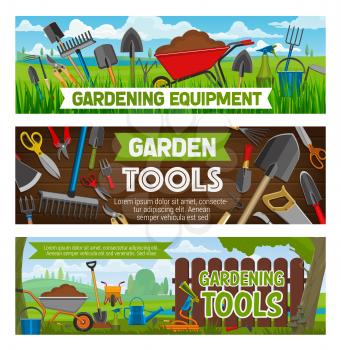 Gardening equipment and planting tools. Vector farm garden spade and rake, watering can and sole in wheelbarrow, saw and tree secateurs, hoe and pitchfork, sixkle and knife, tillage and hose
