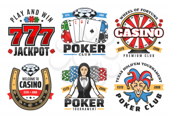 Casino poker gambling game icons. Vector symbols of poker ace cards, golden horseshoe, wheel of fortune, chips and diamond, dice or craps with lucky seven number, casino croupier and joker
