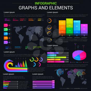 Infographic chart and graph vector elements, diagrams and statistics flowchart. Vector template of world map countries with percent share pies and business presentation, data in growth dynamics