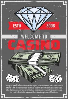 Casino poker gambling retro poster, jackpot money and diamond. Vector vintage advertisement design of diamond and dollars win cash in gamble game