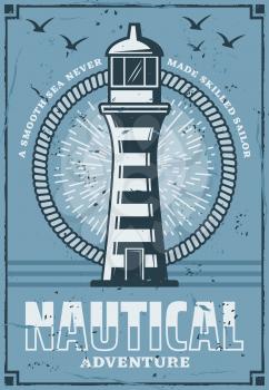 Nautical lighthouse tower building vintage poster, marine adventure. Vector retro design or safe sail beacon on seaside with light beams and seagulls in blue sky