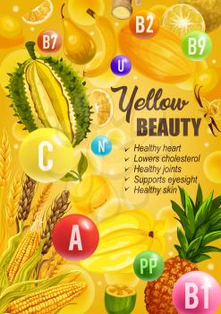 Yellow diet for beauty and healthy skin, heart or joints and eyesight support. Vector color diet nutrition of yellow citrus fruits, vegetables and cereals with vitamins and minerals