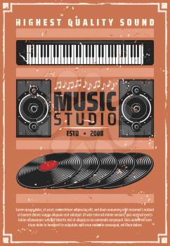 Music studio or shop of musical instruments and Hi-Fi high quality sound equipment. Vector vintage inyl records, synthesizer piano and loudspeaker with music notes