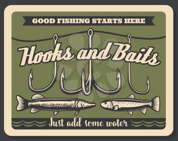 Fishing store advertisement retro poster, rod hooks and baits, big fish catch. Vector fisherman tackles. Pike, salmon or carp fishery and sport adventure. Vintage signboard