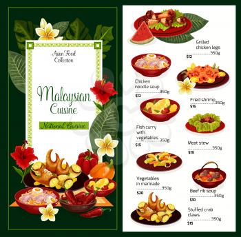 Malaysian cuisine traditional food menu. Vector Malaysia national dishes grilled chicken legs, noodle soup and fried shrimps with curry fish and vegetables, meat stew or beef ribs and stuffed crab