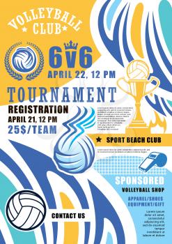 Volleyball game tournament poster. Vector volleyball ball and victory cup with wings and fire flame in laurel, referee whistle. Beach volley sport championship