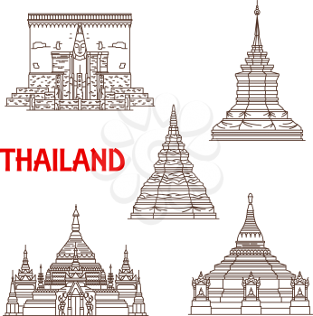 Thailand Buddhist landmarks vector icons. Temples facades of Wat Phra That Chomthong in Phayao, Chedi Luang in Chiang Mai, Si Chum in Sukhotai province and Doi Khum with Chong Kham