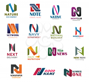 Letter N business identity vector icons. Nature, note or night club, network or navy, national newspaper news, nutrition industry and ecology or business company technology