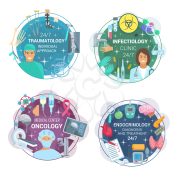 Traumatology, infectology, oncology and endocrinology medicine. Vector traumatologist, infectious disease, oncologist and endocrinologist doctors,human organs, diagnostics and treatment