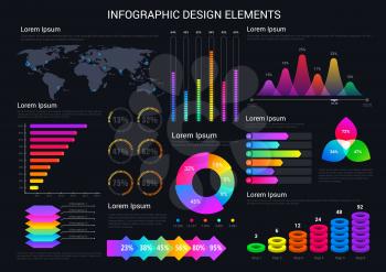 Graphic and charts, diagrams for infographic design. World map, percentage and statistics, analytical data, color schemes and progress visualization. Graphs and numbers, vector analytics