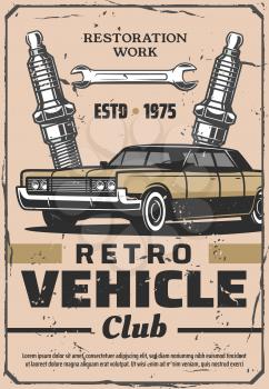 Retro vehicle club and vintage car service. Restoration work. Vector old vehicle and spark plugs with wrench, mechanic repair and garage station