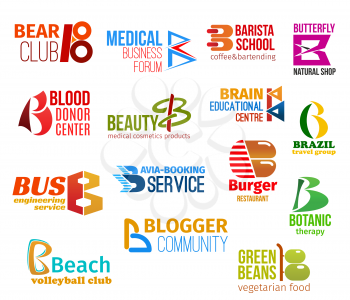 Corporate identity letter B business icons. Vector hunting and medicine, education and shopping, donation and beauty, travel and engineering. Transportation and food, botany and sport, blogging