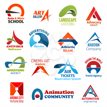 Corporate identity letter A business icons. Vector driving and art, landscaping, jurisprudence and software, advertising, sport and transport, cinema, travel and perfumery, animation and engineering
