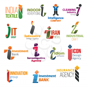Corporate identity letter I business icons. Vector textile and advertising, marketing and cleaning, technology and design, news and craft. Banking and investigation, software and innovation, insurance