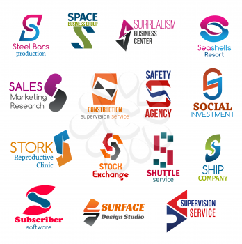 Corporate identity letter S business icons. Building and entrepreneurship, recreation, supervision and safety, finance, medicine and stock, software and design. Vector emblems, signs and symbols
