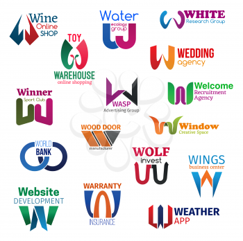 W letter corporate identity, business icons. Vector drink and ecology, science and shopping, entertainment and sport. Advertising and recruitment, manufacture and banking, finance and development