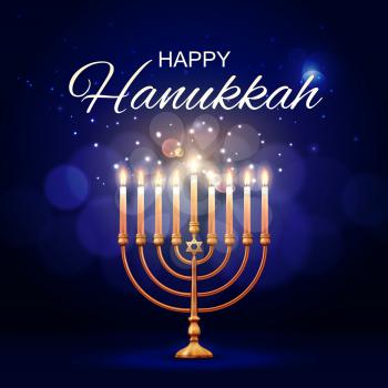 Hanukkah menorah 3d vector design of jewish lamp with flaming candles and Star of David. Judaism religion Festival of Lights golden candlestick or candelabrum. Happy Hanukkah holiday greeting card