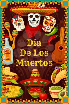 Dia de los Muertos Mexican holiday party calavera skulls with mustaches in sombrero. Vector Day of Dead or Dia de los Muertos fiesta guitar, tequila and burrito or nachos and guacamole avocado