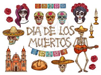 Dia de los Muertos Mexican traditional holiday sketch symbols. Vector calavera skull, papel picado paper garland. Muertos skeleton in sombrero with guitar and church candles