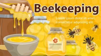 Beekeeping banner with honey and bee. Jar and barrel of natural honey with dipper and honeybees poster on yellow honeycomb background for sweet food label or apiculture themes design