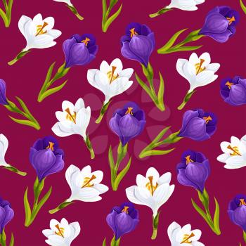 Spring flower seamless pattern background with crocus blossom. Vector floral backdrop of blooming garden plants with white and violet flourishes. Textile, wallpaper or tile theme