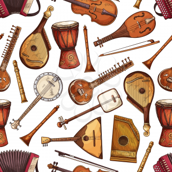 Seamless pattern of folk music instrument with indian sitar, russian balalaika and african drum, italian viola, flute and american banjo, japanese shamisen, zither, bandura and accordion