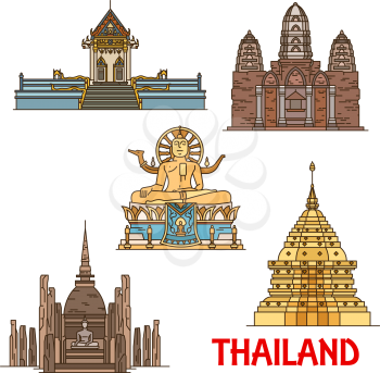 Thailand vector travel landmarks. Ancient thai temples, pagodas and statues linear icons. Big Buddha Temple, Wat Khunaram, Phra That Doi Suthep, Mahathat and Si Sawai