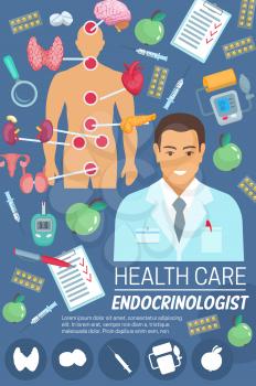 Endocrinologist poster with diabetes treatment and control of blood sugar level. Endocrinology medicine doctor with human endocrine system organs, thyroid gland and throat, healthcare design