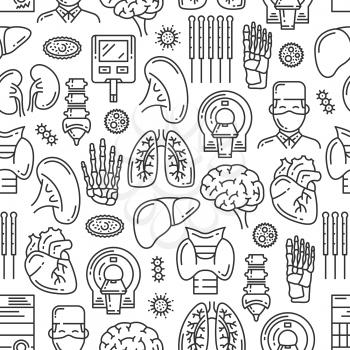 Medical seamless pattern of organs and body joints. Vector medicine doctor, mri scanner or X-ray spine bones, heart or brain and virus infection or lungs, kidney or pancreas and trachea or liver