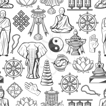 Buddhism symbols and Zen Dharma religious icons seamless pattern. Vector Buddha monk mudra, Yin Yang fish sign or temple drums, elephant and Buddhist beads, stones or swastika and lotus pattern