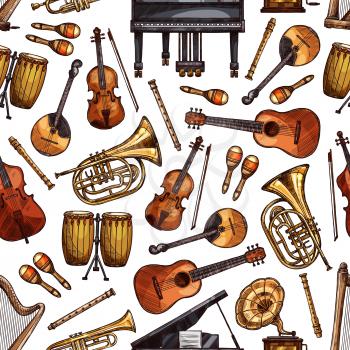 Music instruments seamless pattern background. Vector sketch piano, folk maracas and guitar or vintage phonograph or gramophone, orchestra trombone and harp, jembe drums and flute with violin fiddle