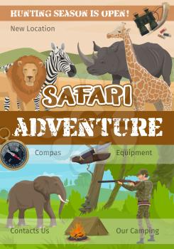 African hunt, safari adventure hunting club poster. African wild lion, rhinoceros or elephant and zebra with giraffe, hunter in camouflage with rifle gun and cartridge bandolier ammo