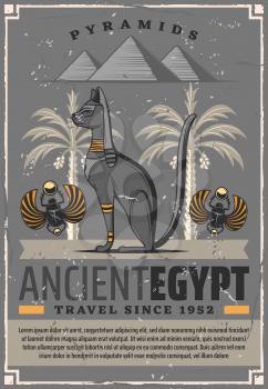 Egypt travel and ancient Egyptian landmarks tourist tours. Vector travel agency poster of Pharaoh cat deity, scarab beetle and dates palms in Egypt pyramids