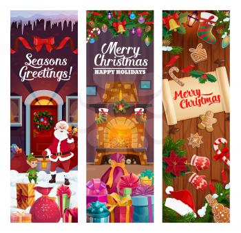 Merry Christmas holiday, vector banners. Santa Claus and elf helper, door and Xmas wreath, fireplace and cane candy, candle and socks, gingerbread cookies and hat, cane candy, sack