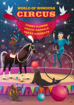Circus show retro poster, funfair carnival performance. Vector bit top circus equilibrist acrobat on unicycle, monkey juggling pins riding on horse, seal balancing balloon ball and doves with banner