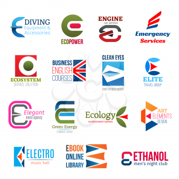 Corporate identity letter E business icons. Hobby and power, transport and aid, ecology, education and medicine, travel, entertainment and environment, art and music. Vector emblems and signs, symbols