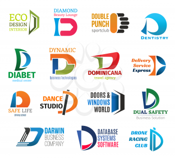 Corporate identity letter D business icons. Vector design and beauty, sport and medicine, health and technology, travel and delivery, education and hobby, building and safety, software and pastime