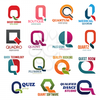 Corporate identity letter Q business icons. Vector recreation and fashion, finance, medicine and transport, advertising and pharmacy. Accessory and technology, plumbing and booking, entertainment
