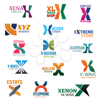 Corporate identity letter X business icons. Vector supply and fashion, technology and management, store and entertainment. Sport and medicine, travel and estate, advertising and transport isolated