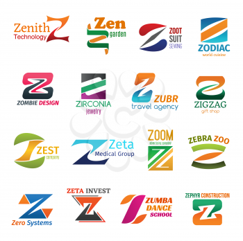 Corporate identity letter Z business icons. Vector technology, gardening and sewing, food, design and jewelry, travel and shopping. Medicine and advertising, zoology and finance, activity and building