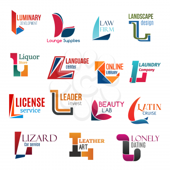 Corporate identity letter L business icons. Vector development and supply, jurisprudence and design, drink and education. Technology and cleaning, finance, beauty and travel, transport, art and dating