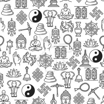Buddhism seamless pattern of Zen meditation and religious line symbols. Buddha monk mudra, Yin Yang or Dharma wheel and temple drums, elephant and Buddhist beads and swastika vector background