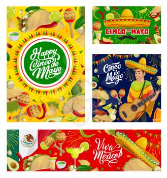 Cinco de Mayo Mexican holiday guitar, sombrero and fiesta party food vector greeting cards. Maracas, chilli tacos and tequila margarita, nachos, avocado and lime with flag of Mexico, firework, garland