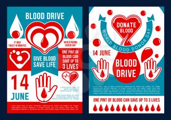 World blood donor day brochure for blood donation. Vector medical posters design of heart, blood drop and helping hand for 14 June social charity and medical volunteering