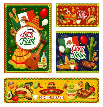 Mexican fiesta party vector invitations of Cinco de Mayo holiday celebration. Mariachi guitar, sombrero, maracas, cactus, tequila margarita and chilli tacos, flag of Mexico, pinata, cigar and balloons