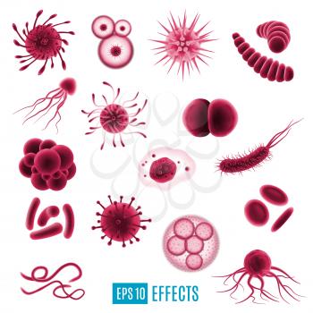 Viruses, germs and bacteria icons, harmful cells, virology and medicine research. 3D vector of illness or disease microscopic organisms and infection. Dangerous pathogens in shell with tentacles