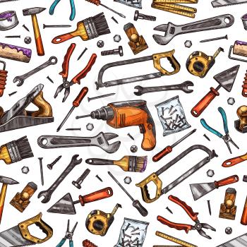 Home repair, renovation and construction tools seamless pattern. Vector sketch background of handyman work tools, carpentry hammer, woodwork plane grinder or painting brush or drill with saw