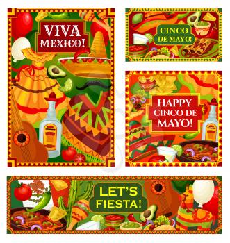 Mexican holiday Cinco de Mayo posters and fiesta celebration banners. Vector Cinco de Mayo party traditional food, maracas and cactus, Mexico flags and sombrero, avocado guacamole, pinata and poncho
